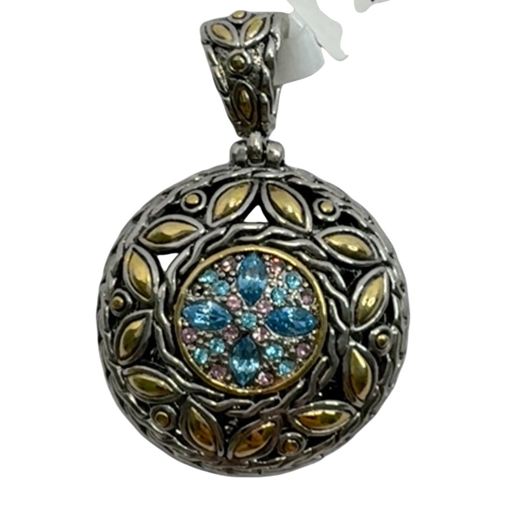 Morning Star Two Tone Ornate Metal Blue Crystal Round‎ Medallion Pendant Y2K